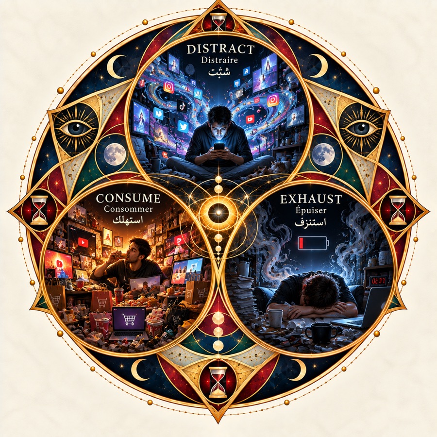 Mandala: Distract · Consume · Exhaust